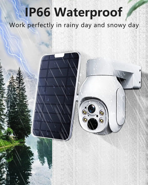 2K Solar Powered Outdoor Security Camera with waterproof design and solar panel in rainy weather, on a wall mount.