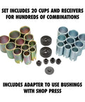 20 Cup Bushing Removal Tool Kit For Suspension And Wheel Bearing Service With Adapters For Precise Bushing Seal And Bearing Replacement On Control Arm And Axle, showing cups and adapters.