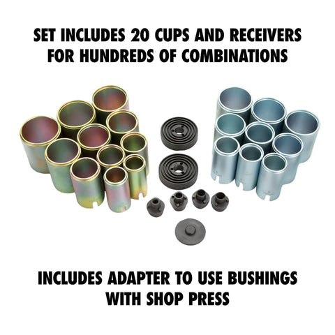 20 Cup Bushing Removal Tool Kit For Suspension And Wheel Bearing Service With Adapters For Precise Bushing Seal And Bearing Replacement On Control Arm And Axle, showing cups and adapters.