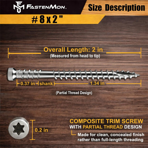 Composite Trim Screw Set Stainless Steel 304 No 8 By 2 Inch 150 Count For PVC And Wood Hidden Finish Outdoor Deck Exterior Fasteners