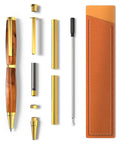 Rock Solid 10 Pack Pen Kits For Woodturning featuring gold and silver sliders, black ink refill, and faux leather cap.