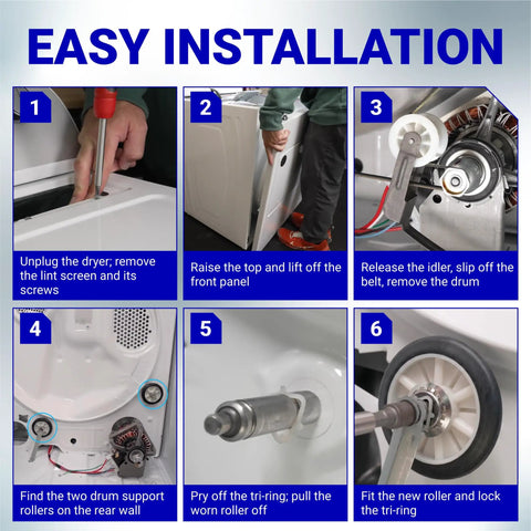 Zero Drama Dryer Repair Kit Including Drum Support Rollers Idler Pulley Drive Belt Solid Shafts Plus Basic Wrenches For A Straightforward Fix On 29 Inch Household Appliances installation guide steps.