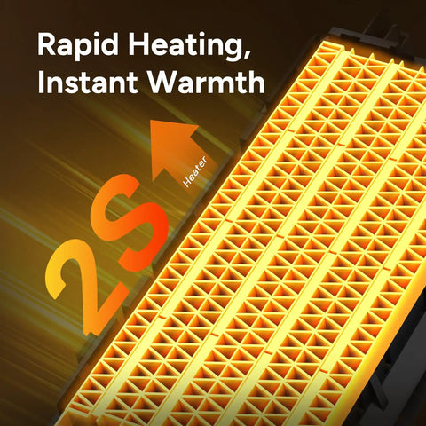 Close-up of heating element in 1500W Ceramic Space Heater For Desk And Office with "Rapid Heating, Instant Warmth" text.