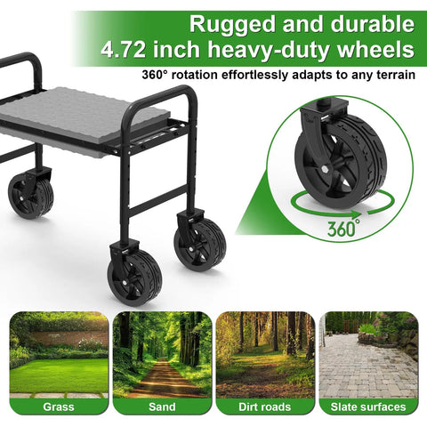 Three In One Rollin Garden Stool With 360 Degree Wheels Foldable Kneeler And Seat Extendable Legs Thick Cushioned Pad And Built