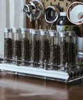 14 Piece Airtight Glass Coffee Bean Storage Tubes With Solid Stand And Hopper Featuring One Way Exhaust Valve Keeps Your Daily Grind Pretty Slick For That Weekend Home Bar Session Countertop Flex with coffee beans