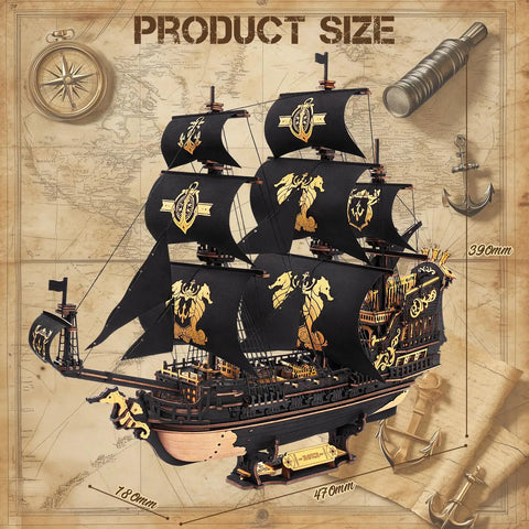 Epic 3D Seahorse Barque Wooden Puzzle Kit For Adults And Teens, Realistic 1 To 100 Scale Ship Model Craft, Durable Wood Pieces, Long And Challenging Build, A Standout Gift For Sea Lovers And Puzzle Fans. black wooden ship model, 390mm