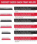 Socket sizes chart for Six Piece Socket Organizer Set For 1/4 3/8 And 1/2 Inch Drives SAE And Metric Tray Holders