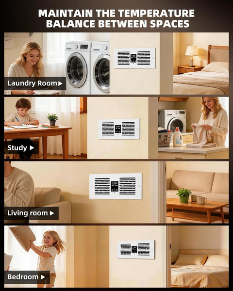 Room To Room Air Transfer Vent Fan With Remote And Temp Control Cranking 300 CFM Through Wall Exhaust in laundry, study, and bedroom settings