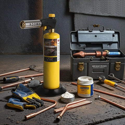 Beefy Propane Torch Kit With 4 Flame Head Trigger Start Igniter Includes MAP Gas Tank, surrounded by tools and accessories.