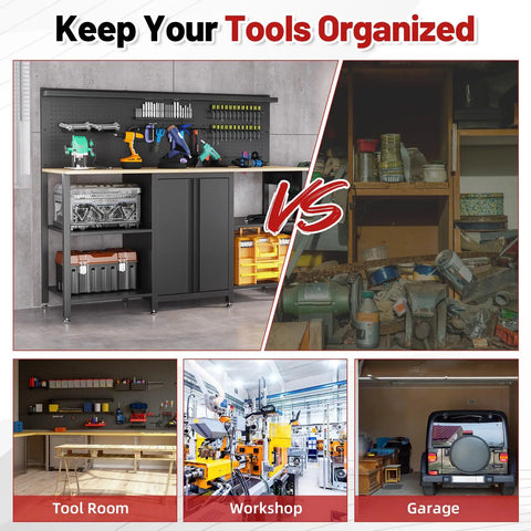 Comparison of 60 Inch Heavy Duty Garage Workbench With Pro Grade Tool Organizer System vs cluttered garage.