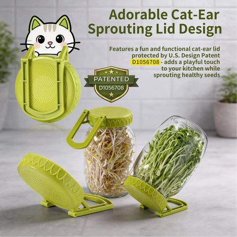 Adorable cat-ear design sprouting lids on mason jars with sprouts, featuring a patented fun and functional lid design.