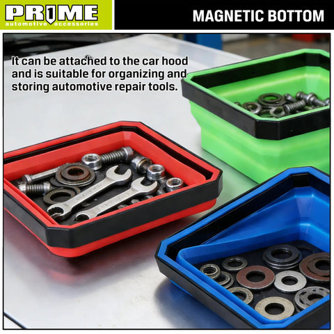 Collapsible Magnetic Parts Tray Set With 3 Foldable Silicone Bowls, 4.25 Inch Square Magnetic Base Keeps Small Parts And Tools Sorted On Your Workbench