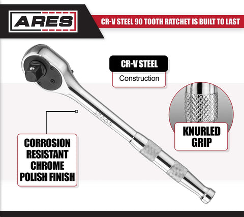 Full Polish Ratchet Set With One Quarter Inch, Three-Eighth Inch, And One Half Inch Drives, Ninety-Tooth Reversible Mechanism