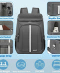 Gray insulated cooler backpack with leakproof double deck design, reflective stripes, multiple pockets, and zippers shown.