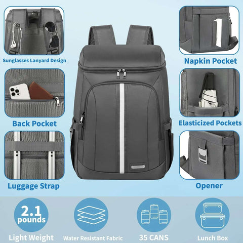 Gray insulated cooler backpack with leakproof double deck design, reflective stripes, multiple pockets, and zippers shown.