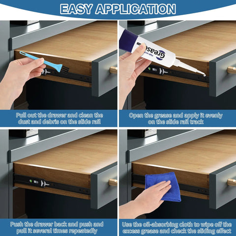 Multi Purpose Drawer Slide Lubricant And Grease For Cabinets Hinges Tracks Bearings Gears Application Steps with Brush and Cloth