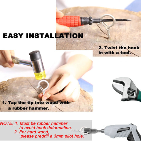 Step-by-step guide for installing Heavy Duty White Screw In Cup Hooks 2.2 Inch Pack Of 20 with rubber hammer and tools.