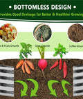 Diagram showing the bottomless design of the Two Pack 2x2x1 Foot Galvanized Raised Garden Bed Planter Set with veggies and text about drainage benefits.
