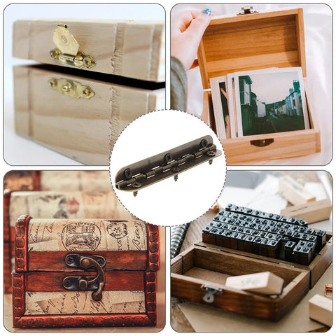 Vintage Continuous Jewelry Box Hinges 12 Pack, 6 Hole Narrow Edge Flush Butt Hinges for Wooden Cabinet Doors, shown with boxes