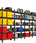 Image of 4 Pack Heavy Duty Adjustable 5 Tier Metal Storage Shelves Rock Solid Garage Shelving Rack filled with tools and storage bins.