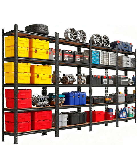 Image of 4 Pack Heavy Duty Adjustable 5 Tier Metal Storage Shelves Rock Solid Garage Shelving Rack filled with tools and storage bins.