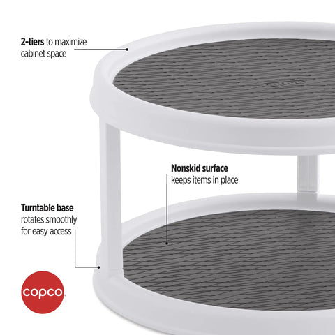 Non-Skid 2-Tier 12-Inch Turntable For Cabinets And Pantry Storage Rotating Organizer, showing stable surface and gray non-skid top