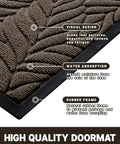 Close-up of All Season Waterproof Front Door Mat For Indoor Outdoor Use 29.5x17 Non Slip Doormat with leaf pattern and labels