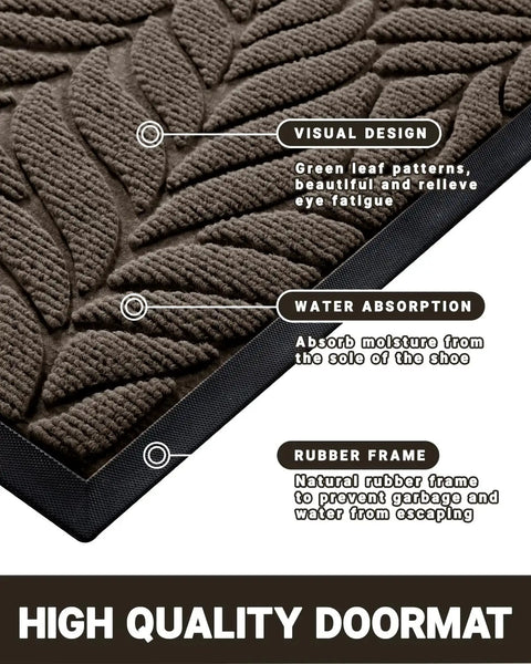 Close-up of All Season Waterproof Front Door Mat For Indoor Outdoor Use 29.5x17 Non Slip Doormat with leaf pattern and labels