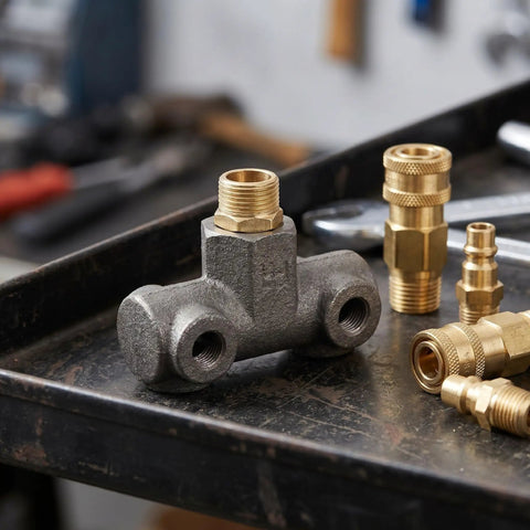 Heavy Duty Cast Iron Four Way Air Compressor Manifold Block With One Half Inch And One Quarter Inch Male Threads, shown on table