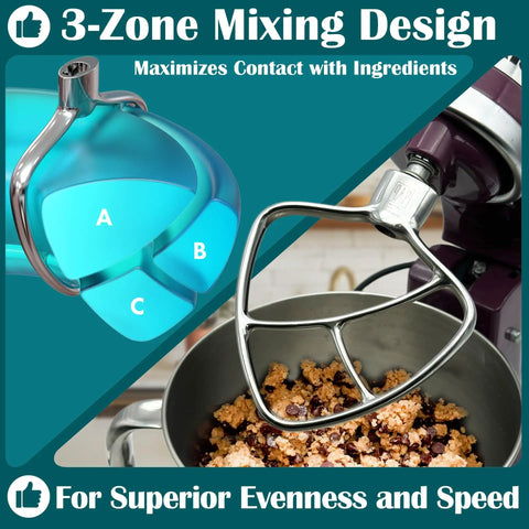 Stainless Steel Paddle Flat Beater for 4.5 to 5 Quart Tilt Head Stand Mixers Replacement Attachment with 3-zone design.