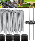 Heavy Duty 6 Inch Galvanized Landscape Staples Set With Gasket, 200 Pack Ground Pins for weed barrier, fabric, plant covers