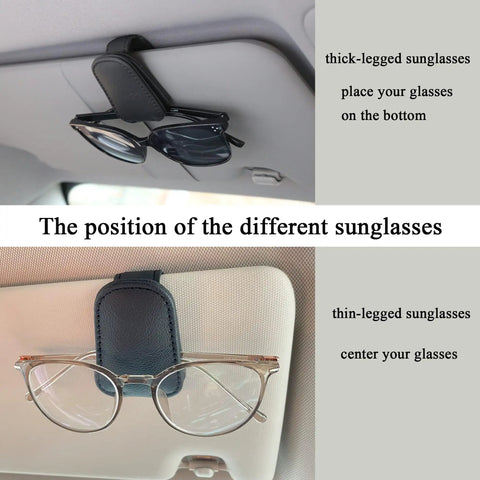 Hella Secure Magnetic Leather Car Visor Sunglasses Holder Stays Put With No Sweat Holds Eyeglasses Firmly And Keeps Tickets Organized During Daily Rides Super Convenient showcasing thick and thin-legged sunglasses placement.