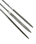 Close-up of 6 Piece Miniature File Set With Assorted Shapes For Detail Work showing double cut teeth and knurled handles.
