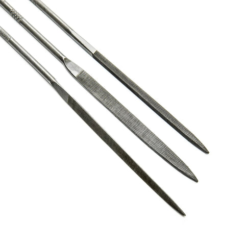 Close-up of 6 Piece Miniature File Set With Assorted Shapes For Detail Work showing double cut teeth and knurled handles.