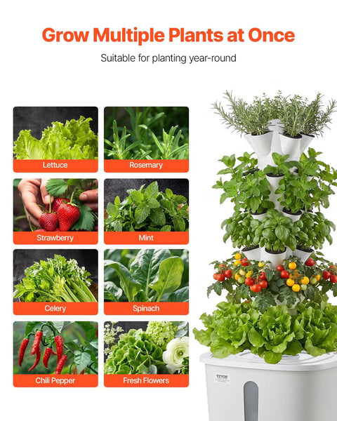Vertical Hydroponic Tower With 6 Tiers And 30 Pods, App Controlled Indoor Garden showcasing various herbs and veggies