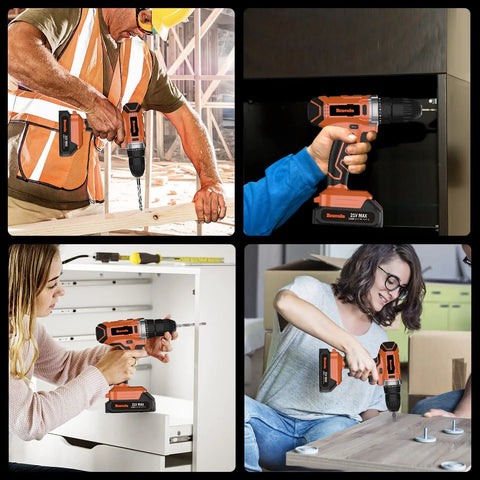 Four images of the 21V Cordless Drill Kit with 2Ah Battery used for wood and metal projects, highlighting 310 in-lb torque.