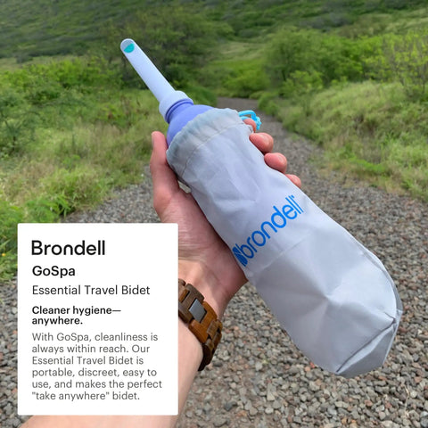 Person holding the GoSpa Travel Bidet GS 70 Portable Peri Bottle with nozzle storage bag outdoors