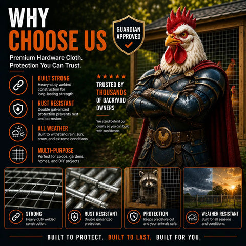 No Nonsense Heavy Duty Half Inch Hardware Cloth 24 X 50 Feet Roll True 19 Gauge Hot Dip Galvanized Welded Wire Mesh displayed with a rooster.