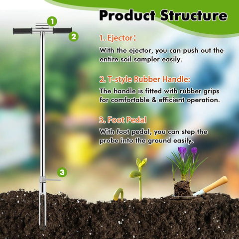40 Inch Stainless Steel Soil Probe With Ejector And Foot Pedal For Easy Lawn Garden And Farm Soil Sampling And Testing Pro Grade