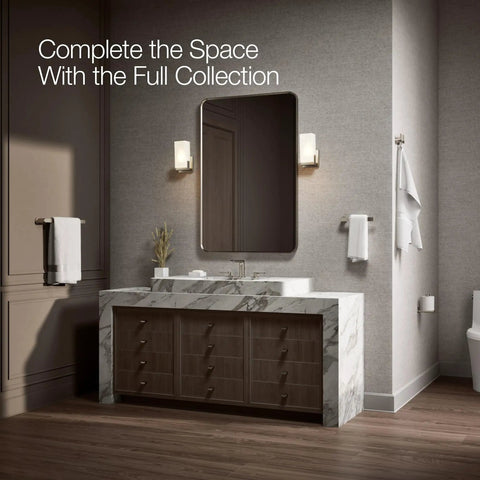 Bathroom with modern decor featuring Avid 18 Inch Towel Bar In Vibrant Brushed Nickel Dope Modern Bath Hardware with clean lines.
