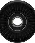 Straight Up Heavy Duty Belt Drive Idler And Tensioner Pulley Designed For Domestics And Imports close-up view of black plastic and steel pulley with inner bearing.