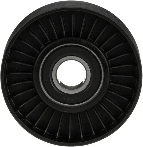 Straight Up Heavy Duty Belt Drive Idler And Tensioner Pulley Designed For Domestics And Imports close-up view of black plastic and steel pulley with inner bearing.