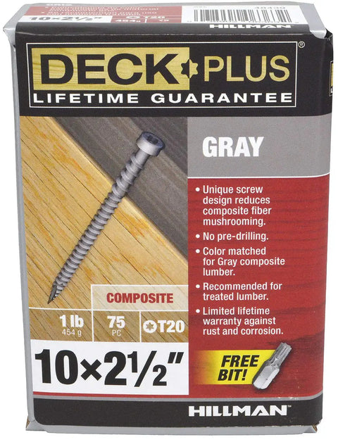 Product packaging of Gray Deck Screws 75 Piece Set For Composite And Treated Wood With Ceramic Coating For Rust And Corrosion Protection