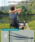 Man relaxing in 2 Pack Breathable Camping Chairs with High Back, foldable design, adjustable armrests, cup holder, scenic background