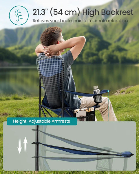 Man relaxing in 2 Pack Breathable Camping Chairs with High Back, foldable design, adjustable armrests, cup holder, scenic background