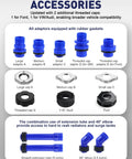 Accessories for 2026 Top Tier Coolant Bleeder Funnel Kit, featuring blue adaptors and caps for Ford and VW/Audi vehicles.