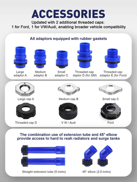 Accessories for 2026 Top Tier Coolant Bleeder Funnel Kit, featuring blue adaptors and caps for Ford and VW/Audi vehicles.