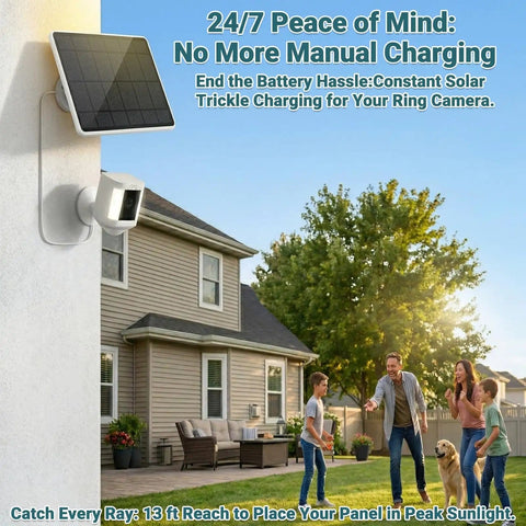 2-Pack 6W Solar Panel Charger for Outdoor Wireless Security Cameras mounted on a house with family outdoors