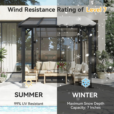8x10 Foot Wall Mounted Gazebo Pergola For Patio Deck Backyard Heavy Duty Outdoor Shelter With Sloped Roof Black On Clearance Built To Handle Snow And Rain With 55 Lbs Per Sq M Load Bearing And Easy Wall Attachment in summer and winter setup