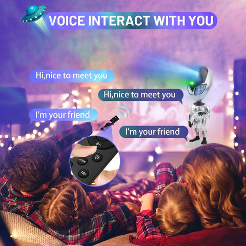 Family interacting with voice-controlled robot toy, cozy living room setting with twinkling lights.